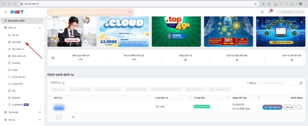 Đăng nhập và chọn domain