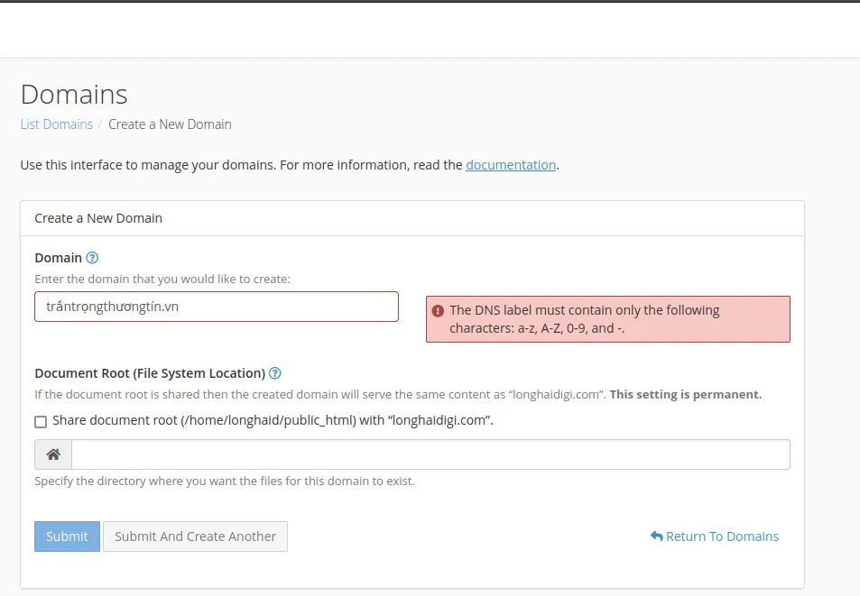 Lỗi khi thêm domain tiếng Việt