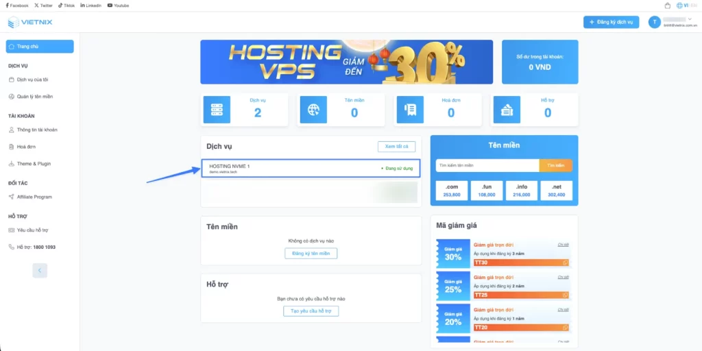 Chọn gói dịch vụ Hosting cần nâng cấp ở trang chủ