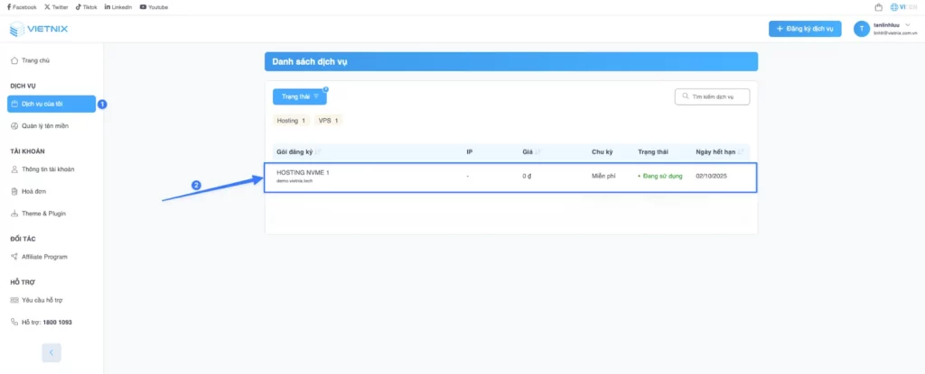 Chọn Dịch vụ của tôi > Chọn vào gói Hosting cần nâng cấp