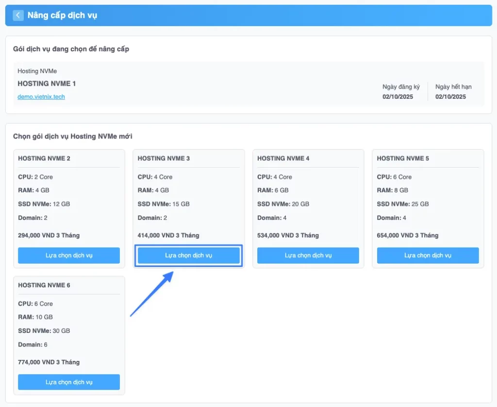 Nhấn Lựa chọn dịch vụ tại gói dịch vụ muốn nâng cấp