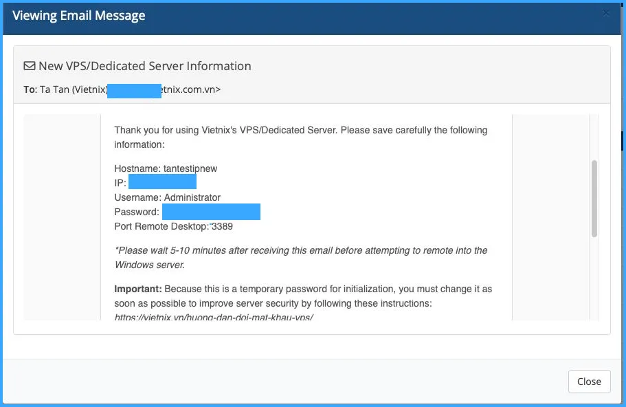 Thông tin đăng nhập VPS