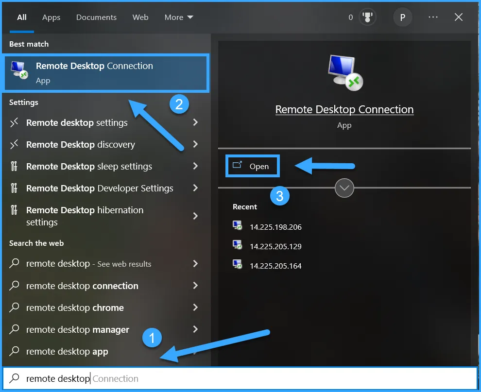 Trong Start bạn gõ Remote Desktop Connection