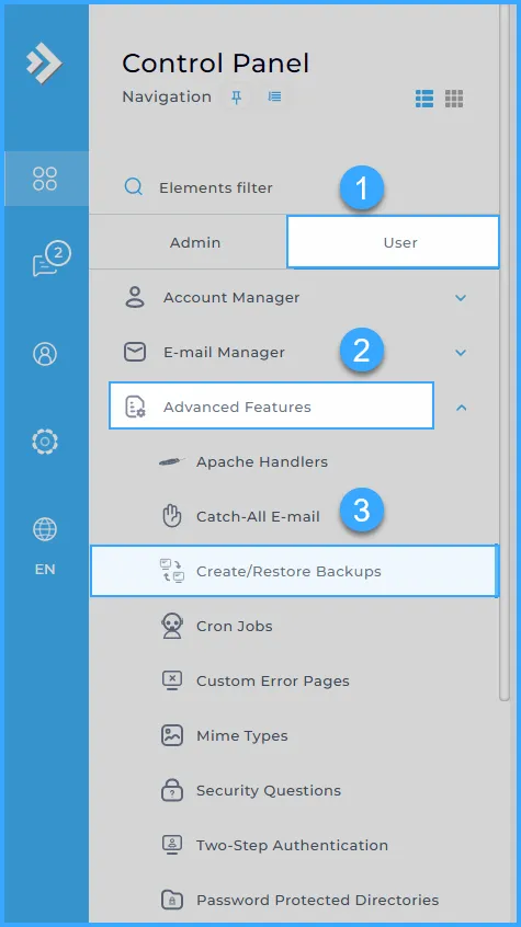 Chọn Create/Restore Backups