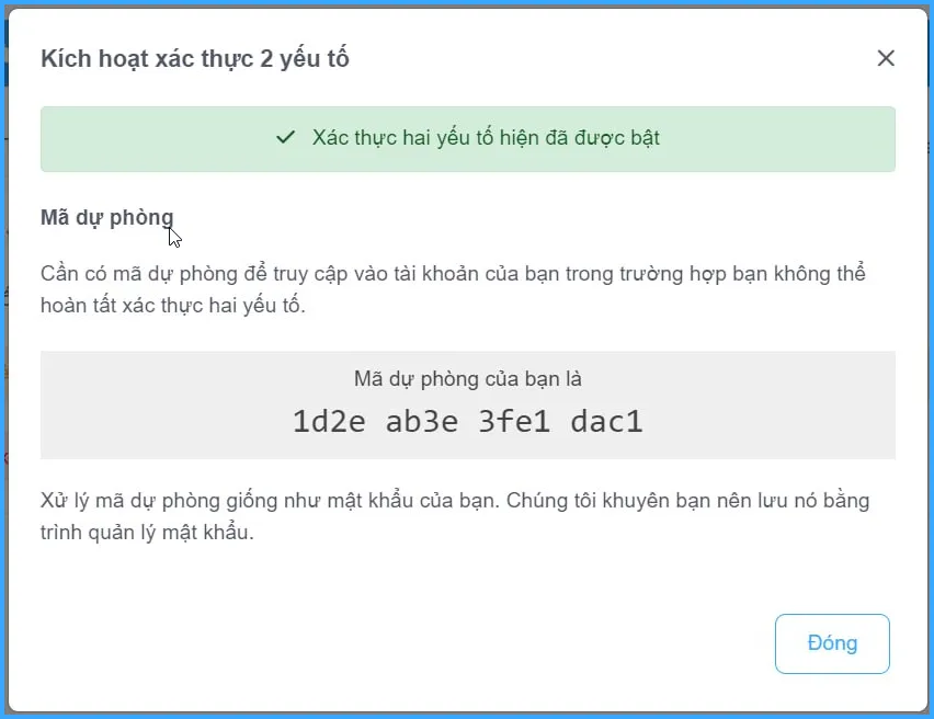 Lưu lại mã dự phòng