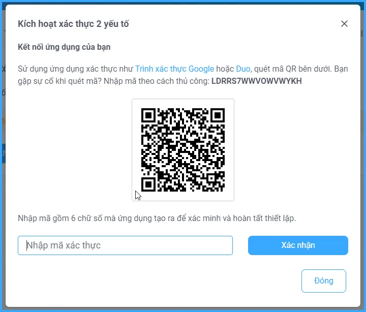 Bật xác thực 2 yếu tố