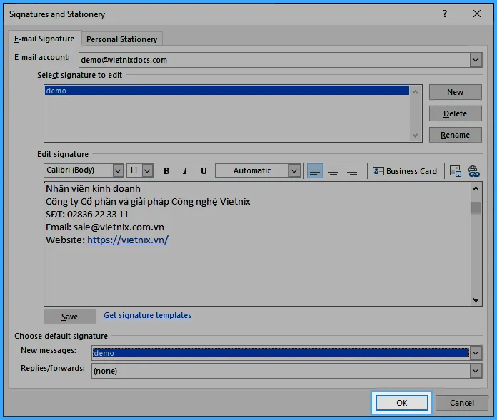 Nhấn OK để lưu