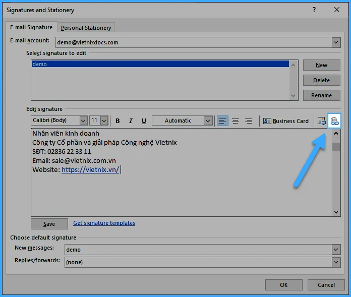 Chèn thêm liên kết vào chữ ký