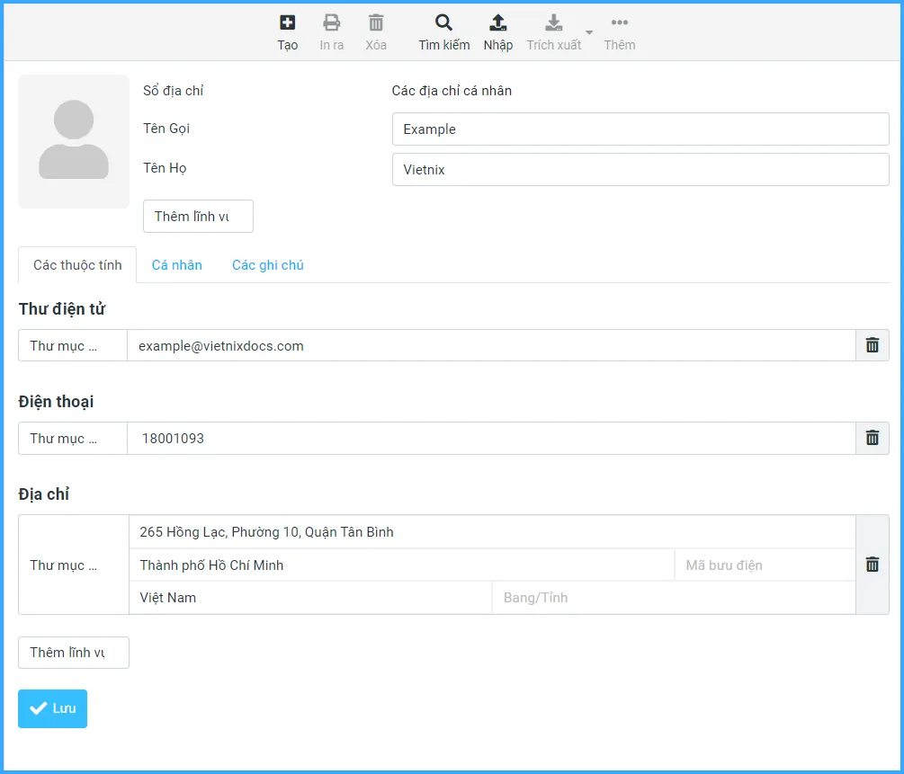 Nhập các thông tin để tạo danh bạ