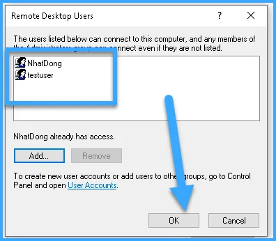 Chọn User sau đó nhấn ok