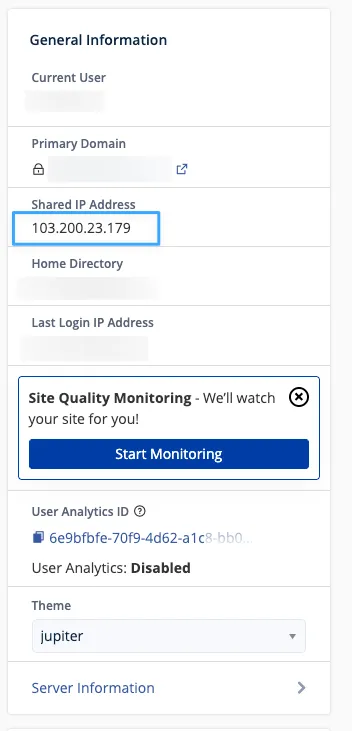 Hình ảnh minh họa vị trí IP Hosting trong cPanel