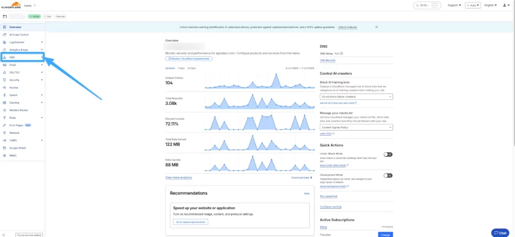 Đăng nhập tài khoản Cloudflare và chọn DNS