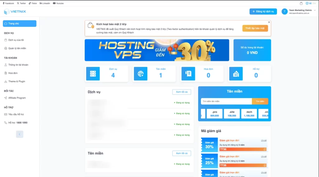 Giao diện trang portal của Vietnix