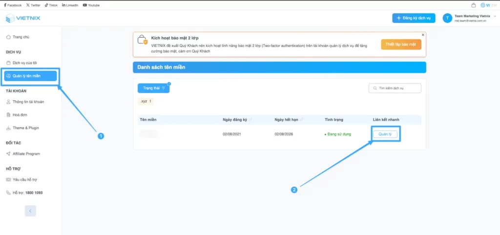 Chọn Quản lý tên miền