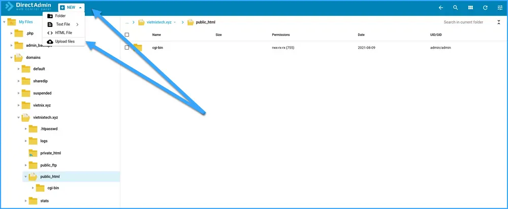 Upload dữ liệu vào domain bạn muốn