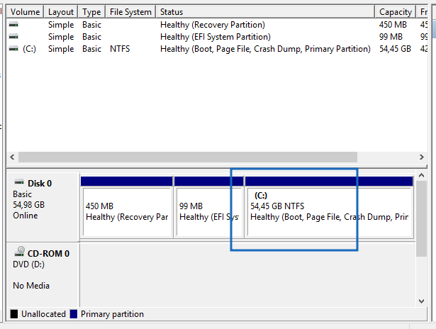 Ổ C hiển thị đúng tổng dung lượng mới
