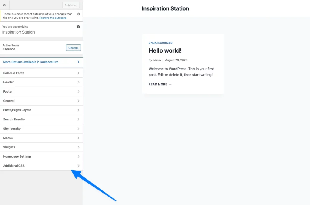 Lựa chọn mục Additional CSS trong bảng tùy chỉnh