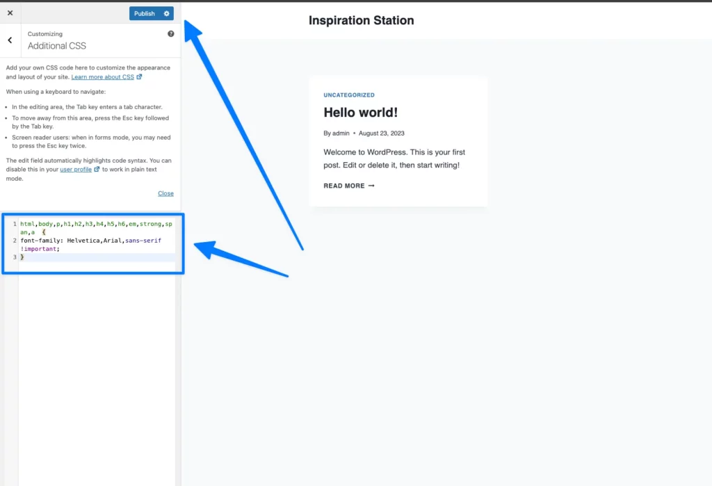 Dán đoạn mã CSS vào khung và nhấn Publish để áp dụng