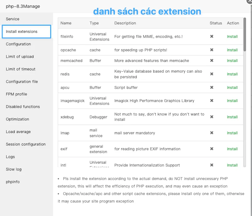Giao diện liệt kê các extension có thể cài đặt