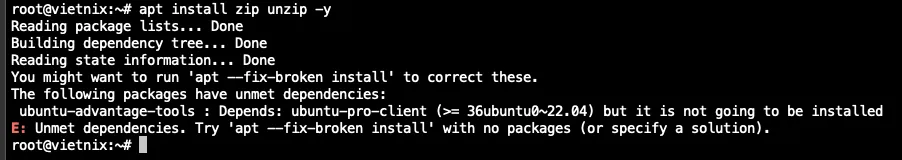 Thông báo lỗi hiển thị khi quá trình cài đặt unzip bị gián đoạn do các gói phụ thuộc bị lỗi