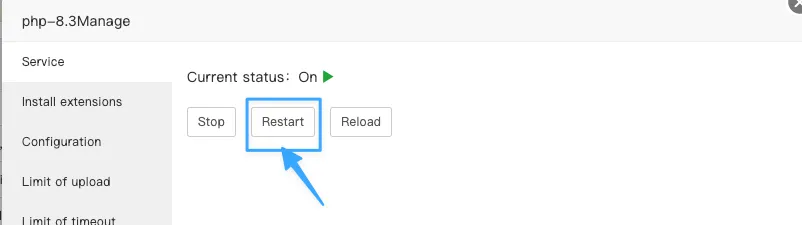 Nút Restart PHP trong aaPanel