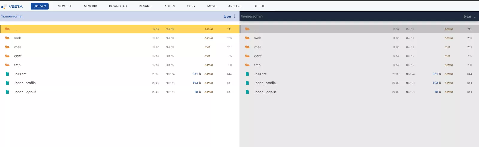Giao diện File Manager trong VestaCP hiển thị thư mục website