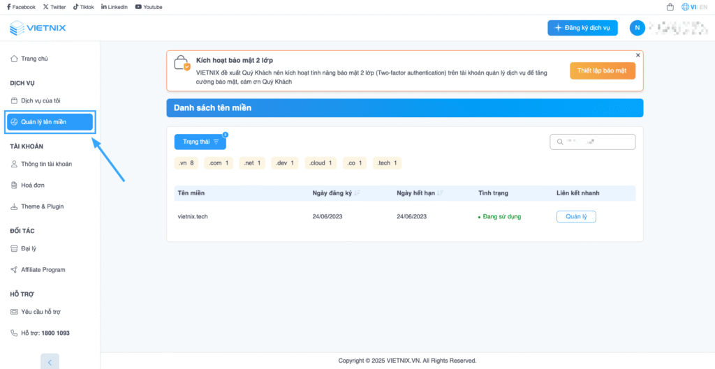 Đăng nhập tài khoản Vietnix