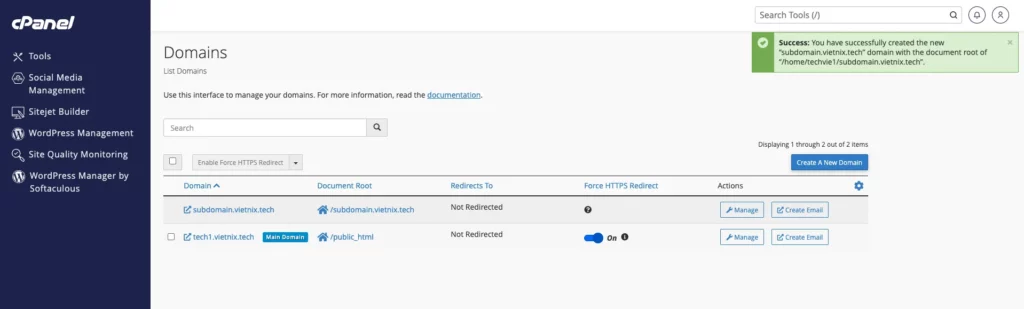 Hoàn tất tạo Subdomain 