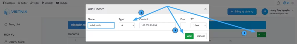Thêm bản ghi A cho Subdomain
