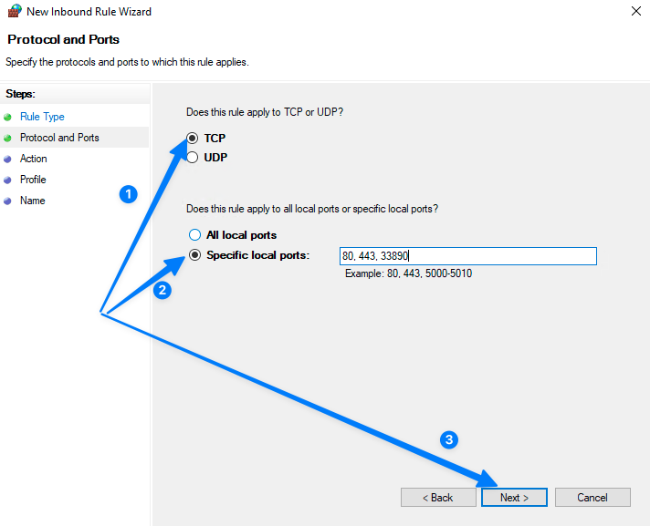 Chọn giao thức và số port cần mở