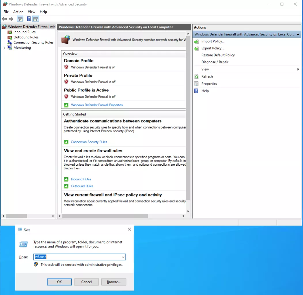 Mở Windows Defender Firewall with Advanced Security