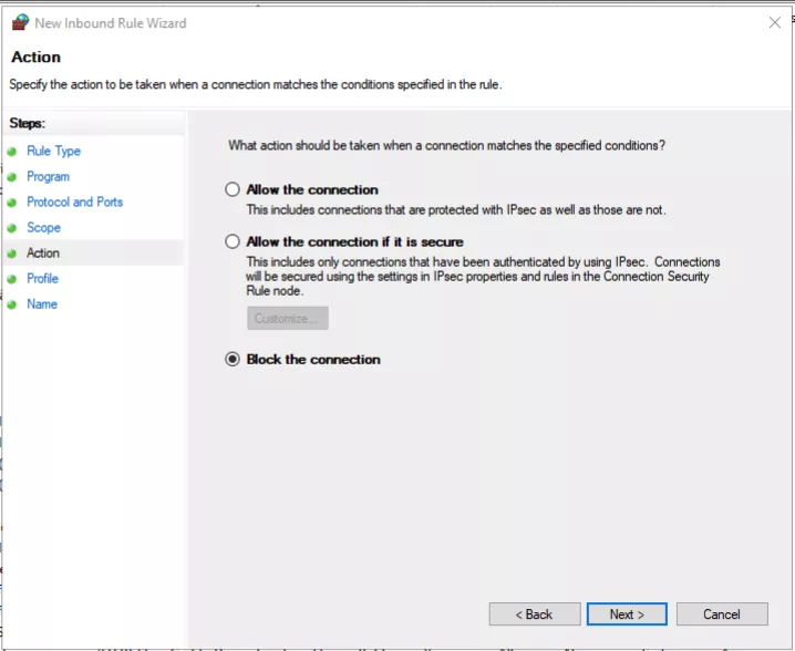 Chọn hành động chặn kết nối