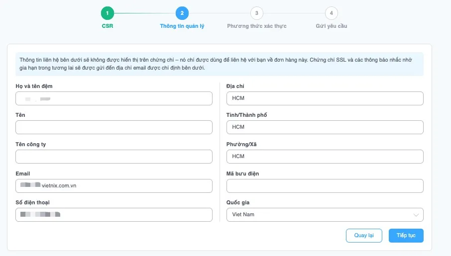 Điền thông tin quản lý 