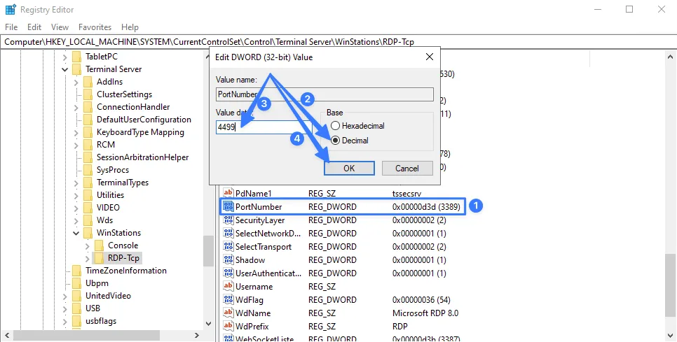 Đổi giá trị PortNumber