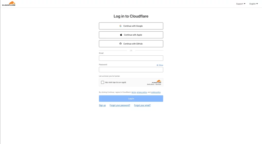 Đăng nhập vào trang quản trị Cloudflare