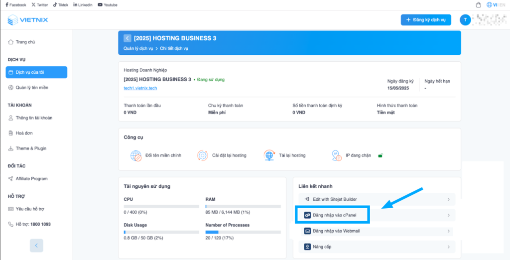 Bước 1: Đăng nhập vào cPanel