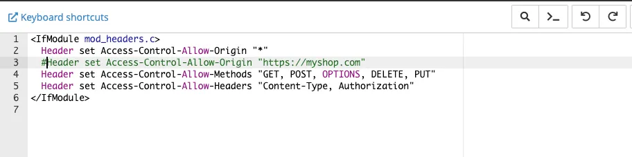 Đoạn mã cấu hình CORS được thêm vào tệp .htaccess khi mở bằng trình quản lý tệp (File Manager)