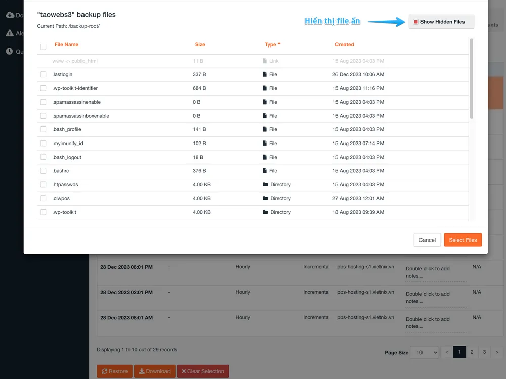 Chọn các file hoặc folder cần restore