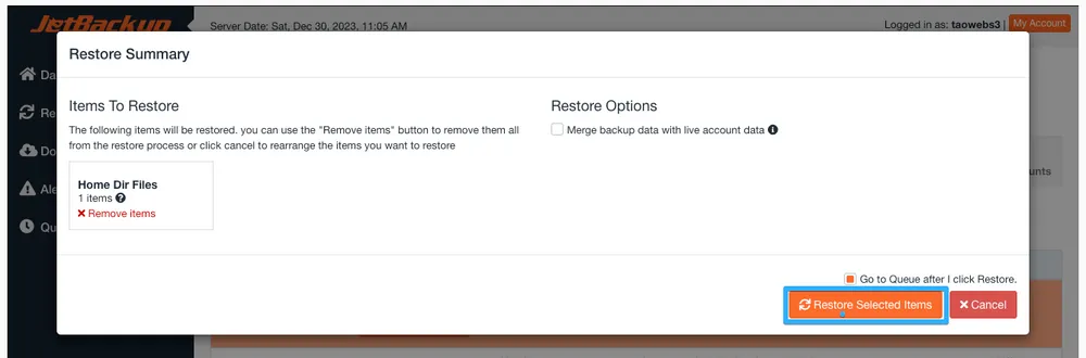 Chọn Restore Selected Items