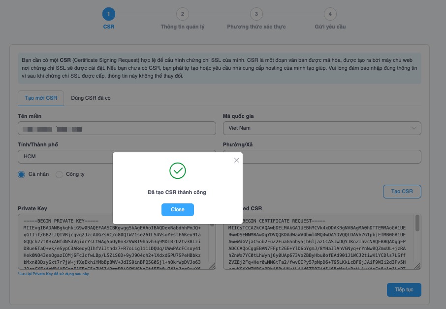 Tạo CSR thành công