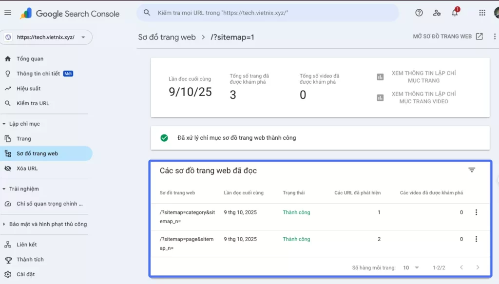 Google đã index trang