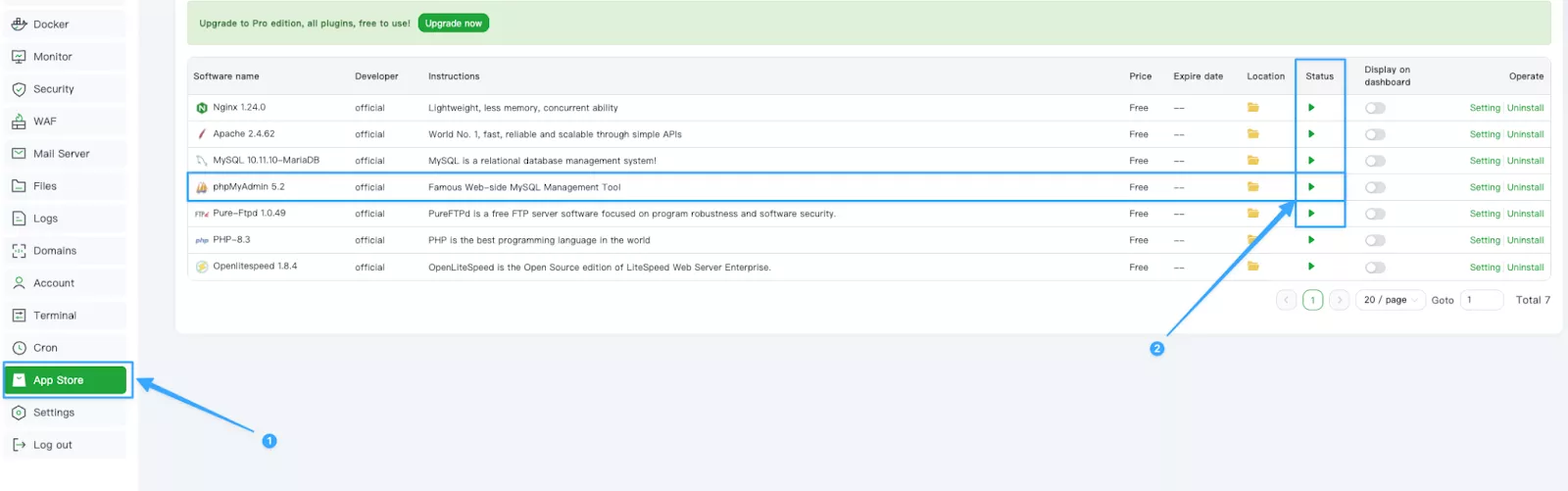 Màn hình App Store hiển thị trạng thái phpMyAdmin
