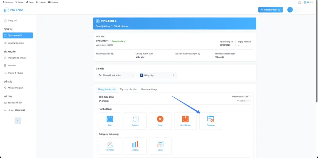Mở Console VPS