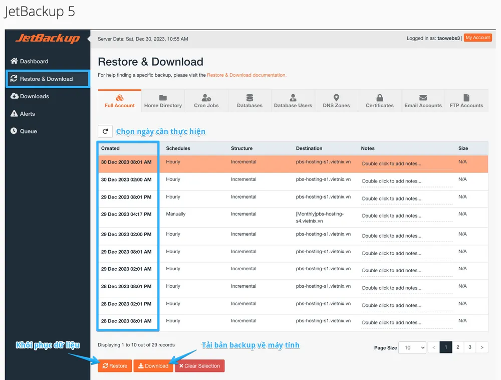 Chọn mục Restore & Download