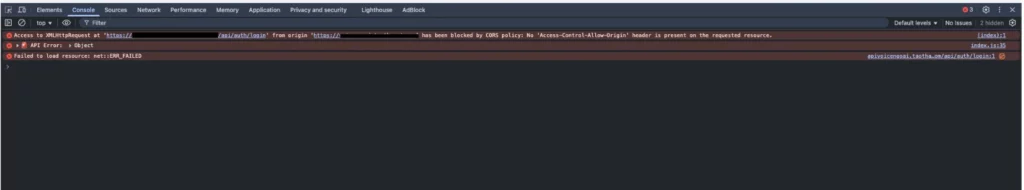 Thông báo lỗi CORS điển hình trong bảng điều khiển Console của trình duyệt