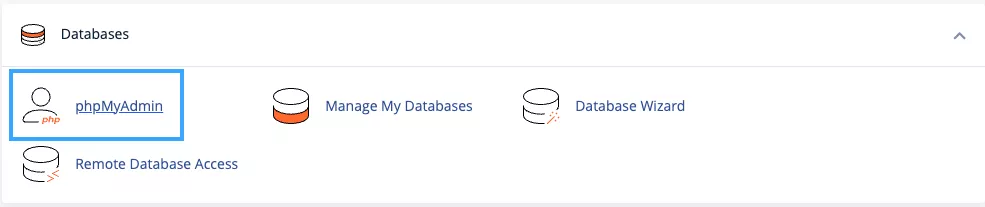 Trong mục Databases, chọn công cụ phpMyAdmin