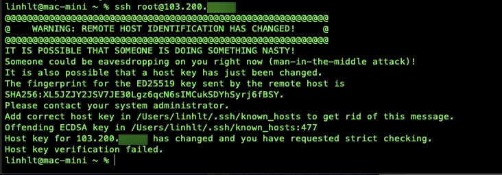 Lỗi WARNING: REMOTE HOST IDENTIFICATION HAS CHANGED