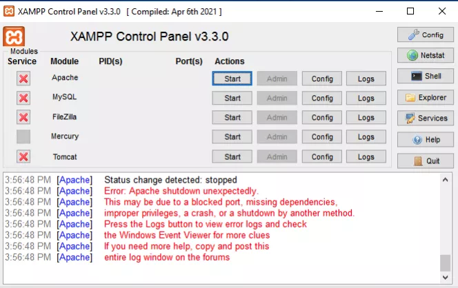 Lỗi start Apache trên XAMPP  