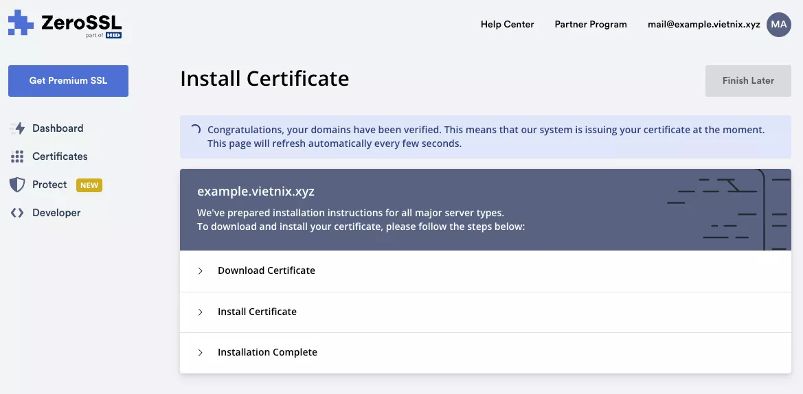 Thời gian đợi bộ SSL miễn phí từ 5-10 phút