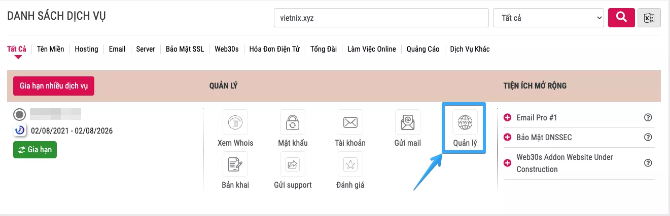 Truy cập vào trang quản lý tên miền
